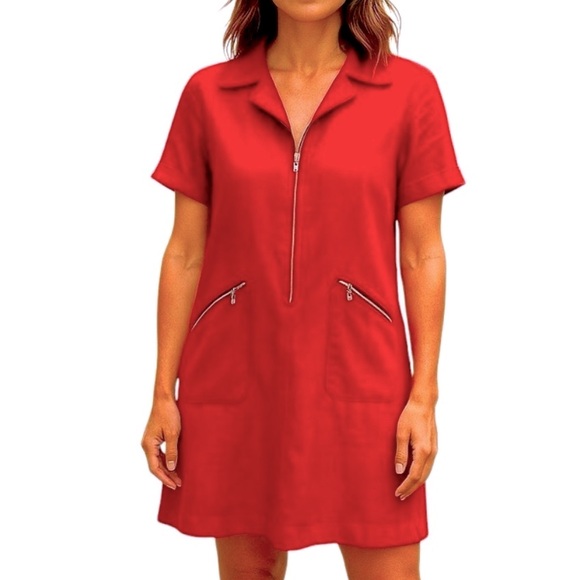 NY Sake LINEN Shirt Dress Silver Hardware Zip front, zipper pockets Red Size 1… - Picture 1 of 16
